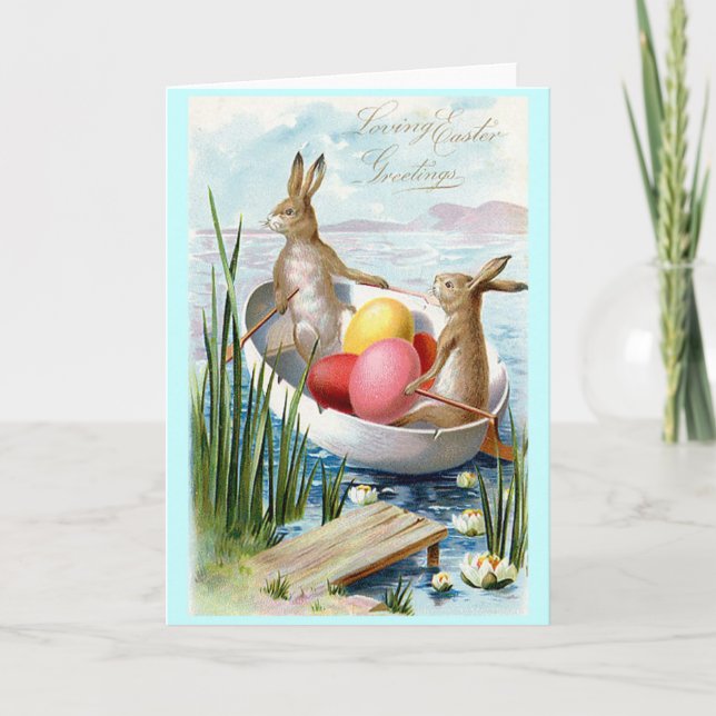 Cartão De Festividades Easter Bunnies Rowboat Greeting Card (Frente)