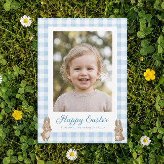 Cartão De Festividades Easter Bunny Blue Gingham Photo