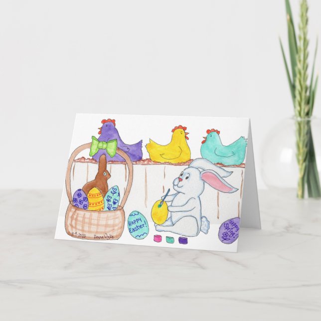 Cartão De Festividades Easter Bunny Decorating Eggs (Frente)