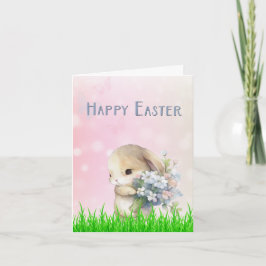Cartão De Festividades Easter Bunny with Pink and Blue Flowers Card
