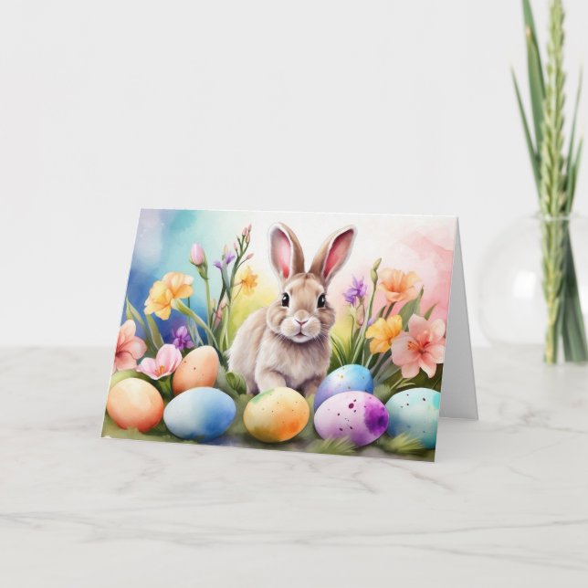 Cartão De Festividades Easter Bunny with Spring Flowers, Painted Eggs (Frente)
