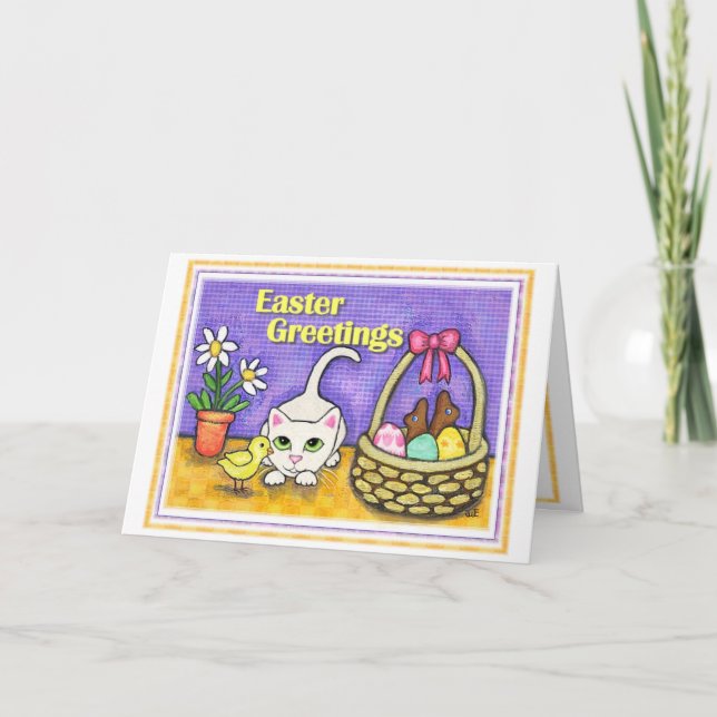 Cartão De Festividades Easter Cat & Chick Greeting Card (Frente)