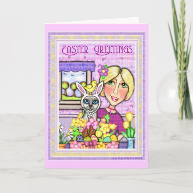 Cartão De Festividades Easter Cat in Basket & Lady Greeting Card (Frente)