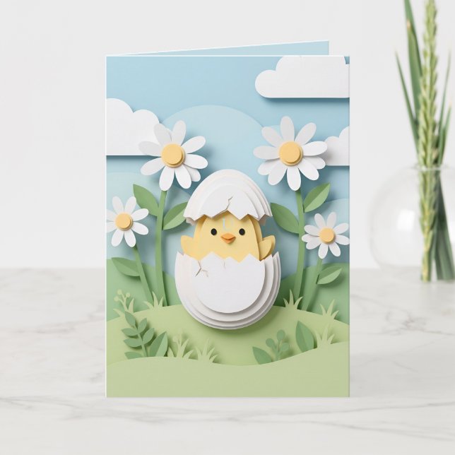Cartão De Festividades Easter Chick Papercraft Daisy Flowers Spring (Frente)