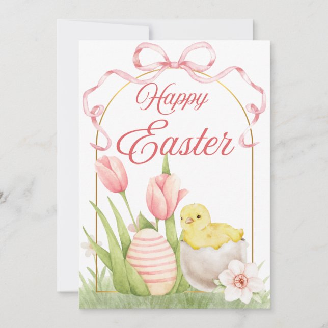 Cartão De Festividades Easter Chick & Tulips Flat Holiday Card (Frente)