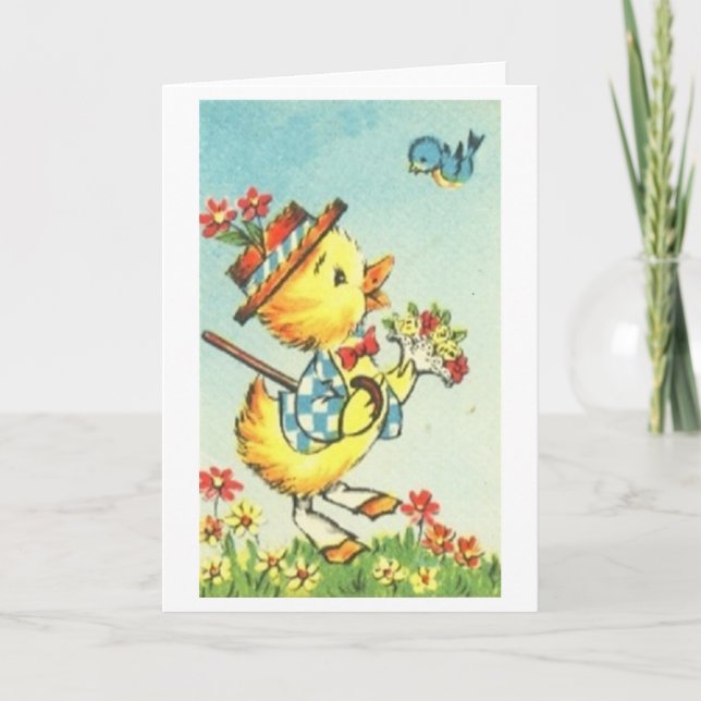 Cartão De Festividades Easter Chick with Bluebird! Retro Easter Card (Frente)