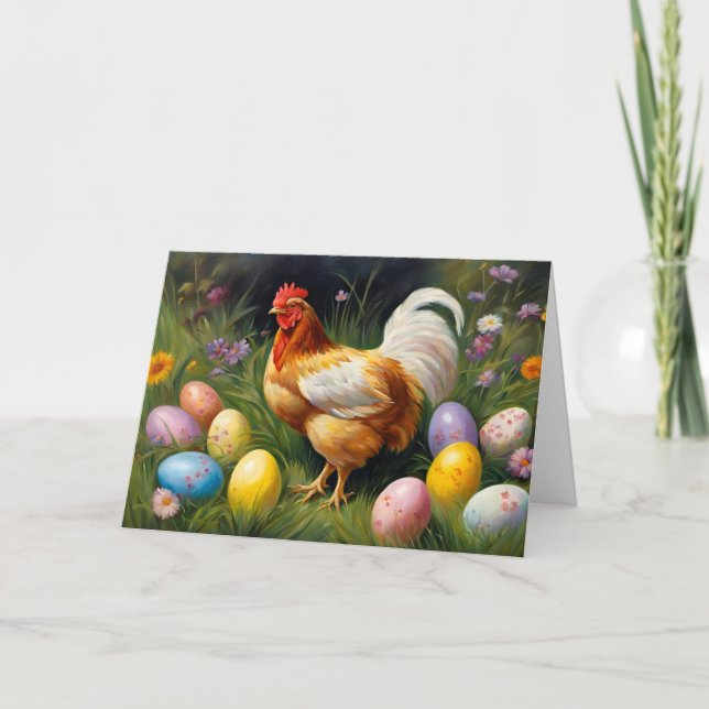 Cartão De Festividades Easter Chicken in the Flower Garden & Easter Eggs  (Frente)