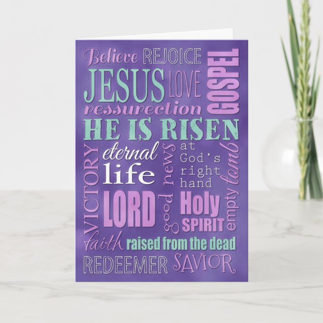 Cartão De Festividades Easter Christian Word Collage, Purple and Blue (Frente)