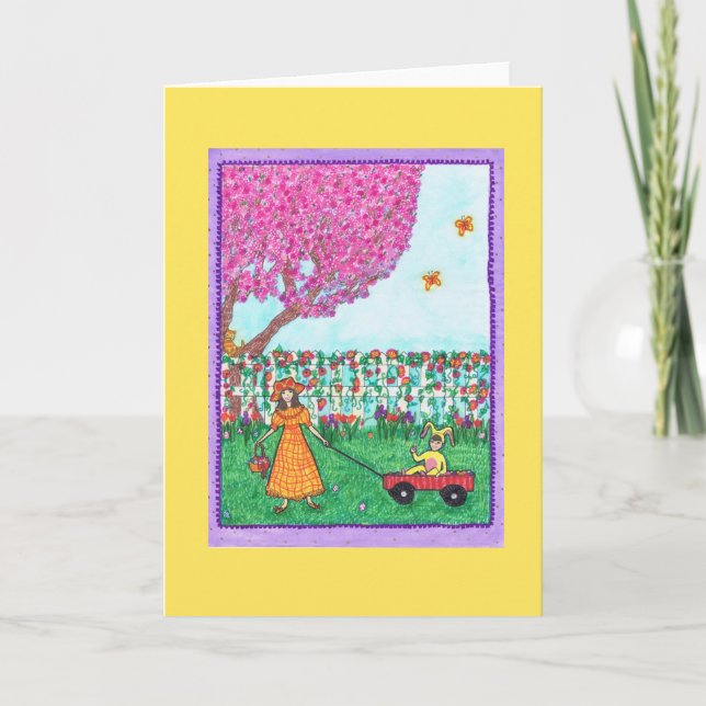 Cartão De Festividades Easter Greeting Card with Children, Bunny, Wagon (Frente)