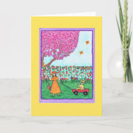 Cartão De Festividades Easter Greeting Card with Children, Bunny, Wagon