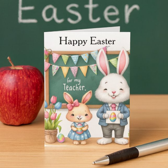 Cartão De Festividades Easter Greetings for Teacher From Kids  (Sweet Easter card for teacher with bunnies, chalkboard, tulips, and festive classroom charm.)