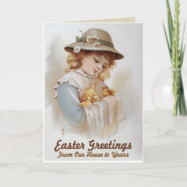 Cartão De Festividades Easter Greetings Girl with Baby Ducks