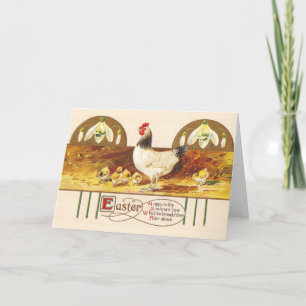 Cartão De Festividades Easter Hen, Chicks and Snowdrops