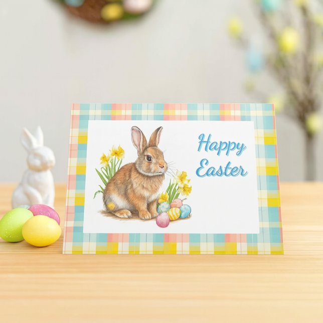Cartão De Festividades  Easter Spring Plaid  (cheerful spring plaid Easter card with bunny rabbit and inside message. )