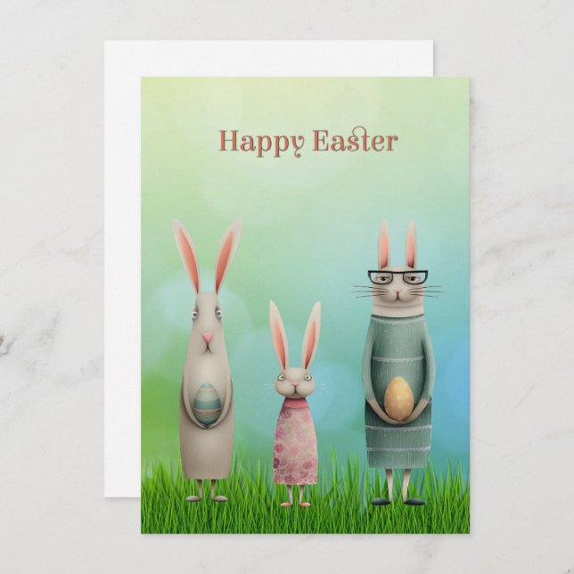 Cartão De Festividades Easter Three Bunnies in Grass Card (Frente/Verso)