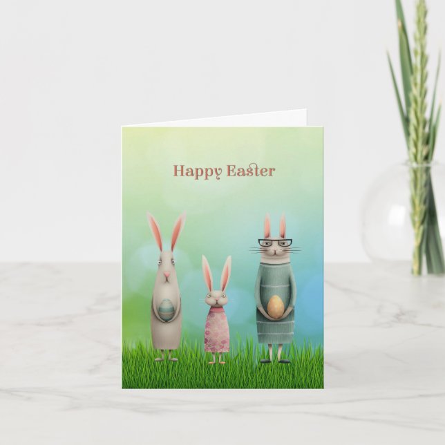 Cartão De Festividades Easter Three Bunnies in Grass Card (Frente)