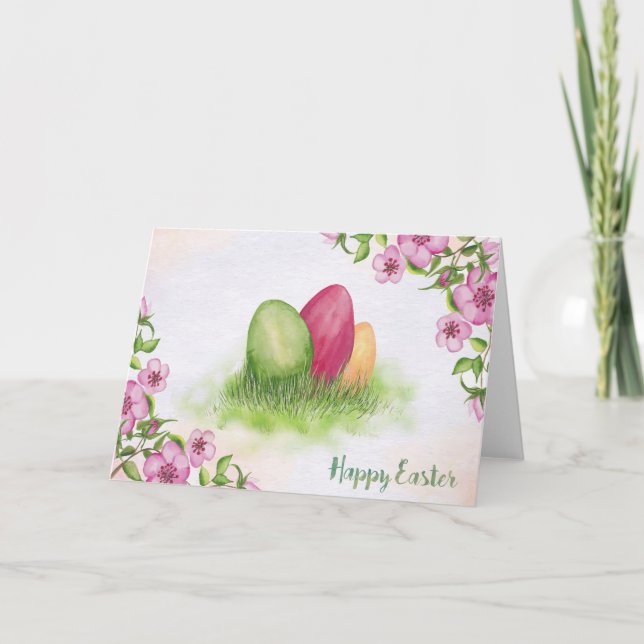 Cartão De Festividades Easter - Watercolor Flowers & Eggs (Frente)