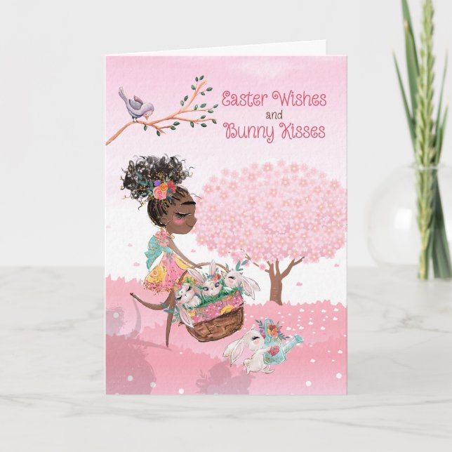 Cartão De Festividades Easter Wishes Bunny Kisses Brown Skin Girl (Frente)