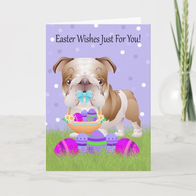 Cartão De Festividades Easter With Little Bulldog With Easter Basket (Frente)