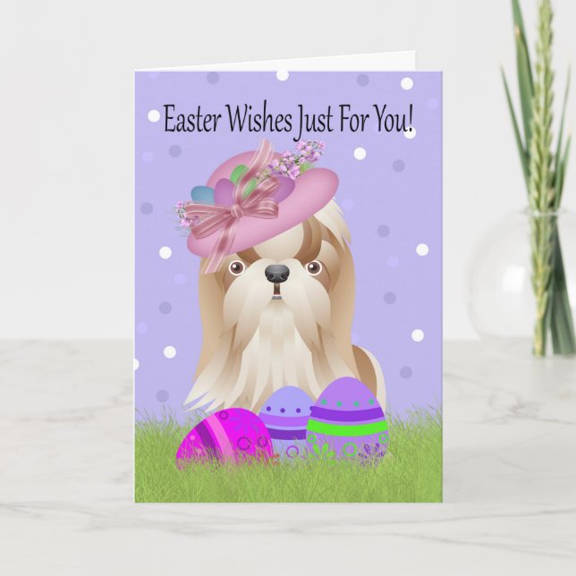 Cartão De Festividades Easter With Little Shih Tzu And Easter Eggs (Frente)