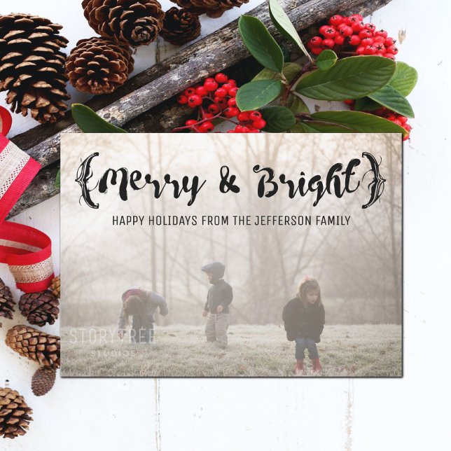 Cartão De Festividades Ebony Elegant - Feliz e Foto Brilhante (Ebony Elegant Sketched Merry and Bright Holiday Photo Card)