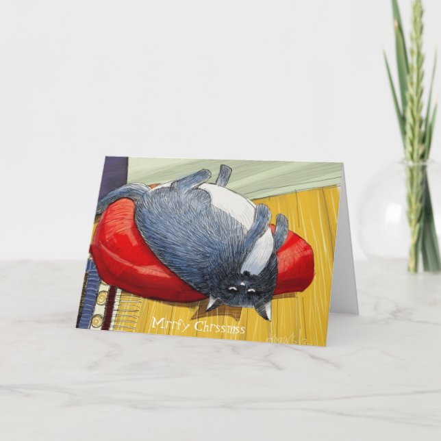 Cartão De Festividades Edição de cabeça para baixo do Natal do gato gordo (Frente)