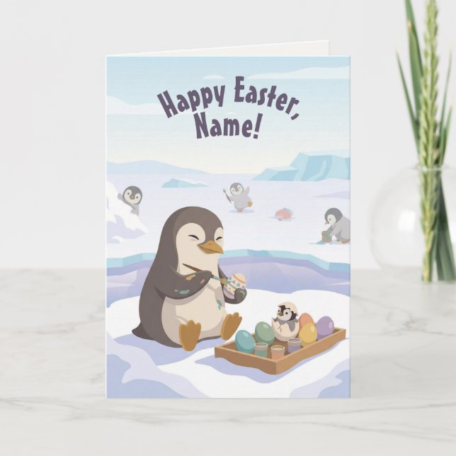 Cartão De Festividades Egg Decorating Penguins | Personalised Easter (Frente)