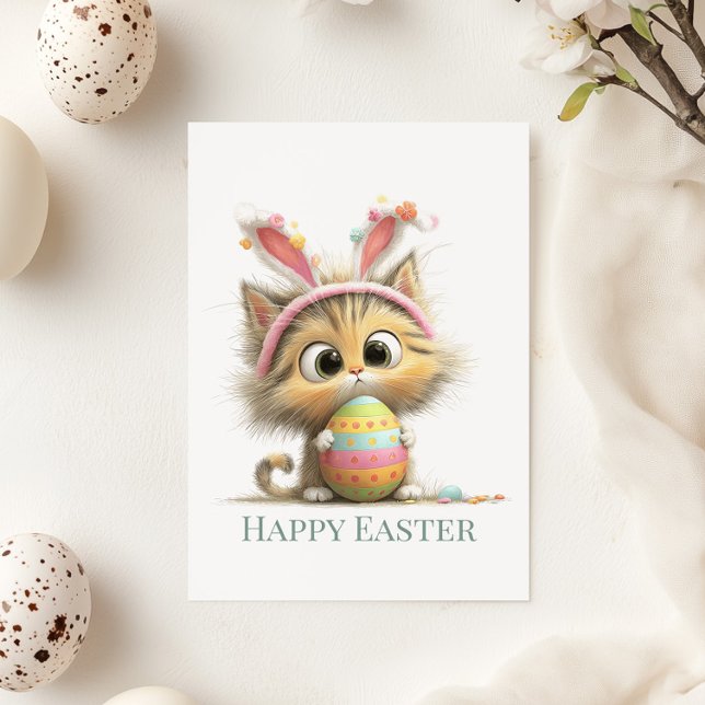 Cartão De Festividades Egg-stra Cute Easter Cat Flat Greeting Card (Egg-stra Cute Easter Cat Flat Greeting Card on a sunny table with Easter and Spring decor)