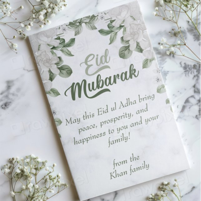 Cartão De Festividades Eid Adha Mubarak Cinza e Floral Islâmico Verde (Criador carregado)