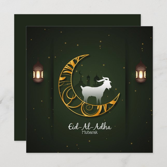 Cartão De Festividades Eid Al Adha Mubarak Crescente Dourado Cabra Islâmi (Frente/Verso)