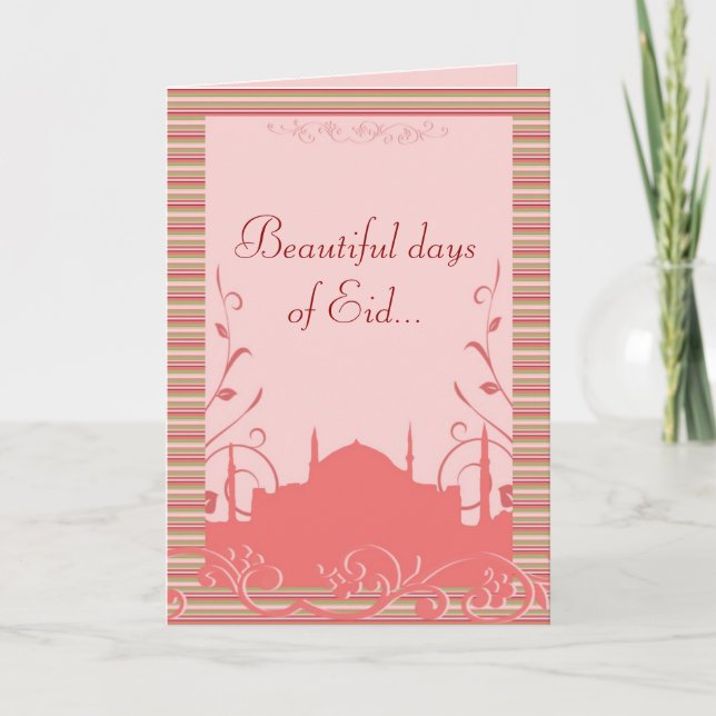 Cartão De Festividades Eid greeting with mosque & flowers - customizable (Frente)