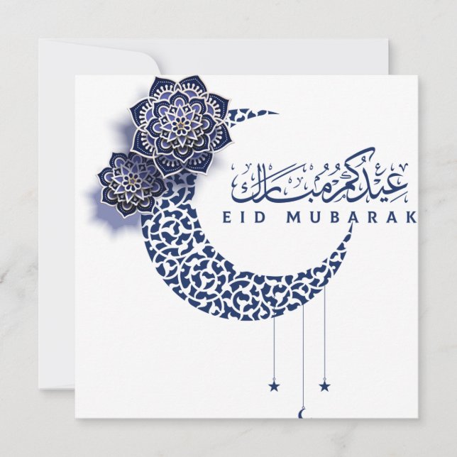 Cartão De Festividades Eid Mubarak Crescent Blue - Floral Branco (Frente)