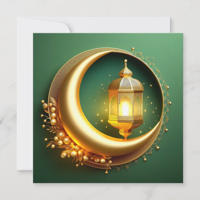 Cartão De Festividades Eid Mubarak Crescent Dourado Pearl Green (Frente)
