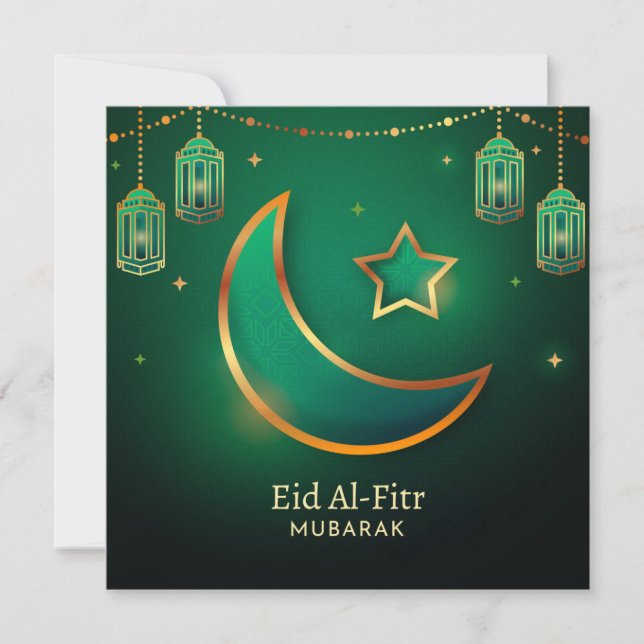 Cartão De Festividades Eid Mubarak Crescent Estrela Lanterna Islâmica Ver (Frente)
