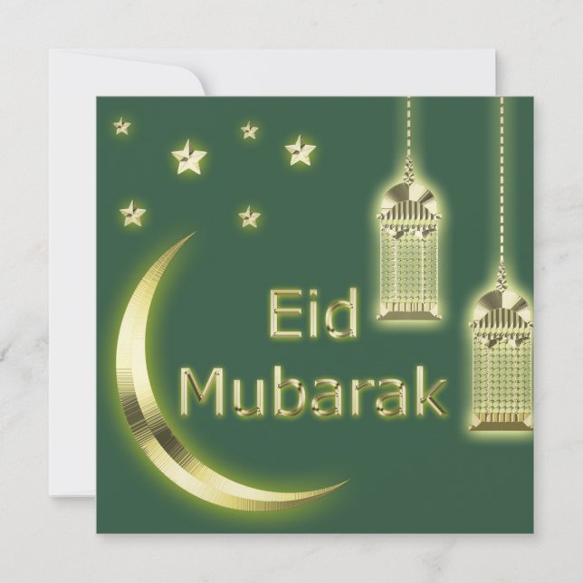 Cartão De Festividades Eid Mubarak Crescent Ouro Verde Lanterna Islâmica (Frente)