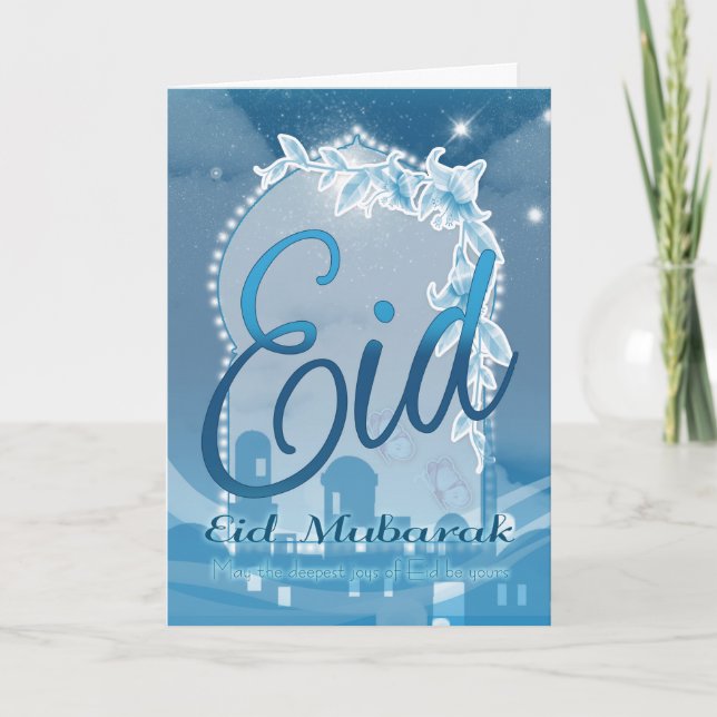 Cartão De Festividades Eid mubarak, Eid Greeting Card, Eid Blue Card (Frente)