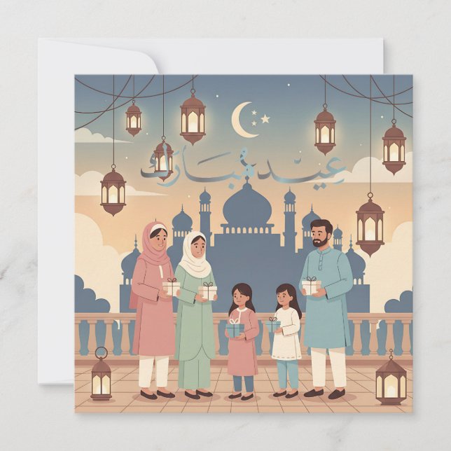 Cartão De Festividades Eid Mubarak Family Celebration Pastel Mosque Card (Frente)
