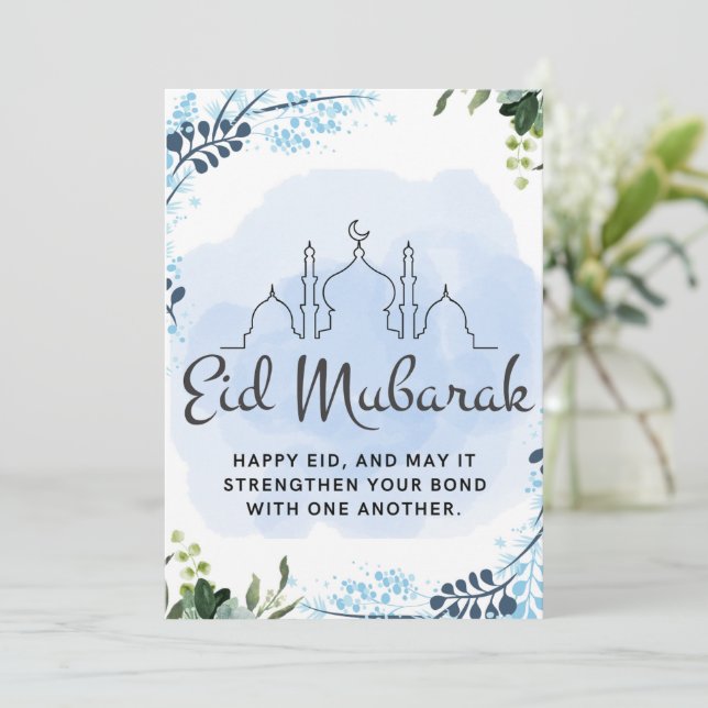 Cartão De Festividades Eid Mubarak Floral Azul da Mesquita (Em pé/Frente)