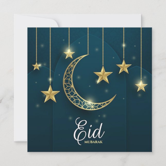Cartão De Festividades Eid Mubarak Lua Ouro e estrelas (Frente)
