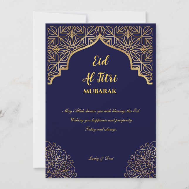 Cartão De Festividades Eid Mubarak Mandala Dourado Azul Marinho Feriado (Frente)