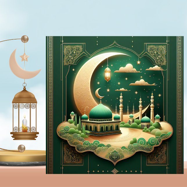 Cartão De Festividades Eid Mubarak Mesquita Crescent Green Dourado (Criador carregado)