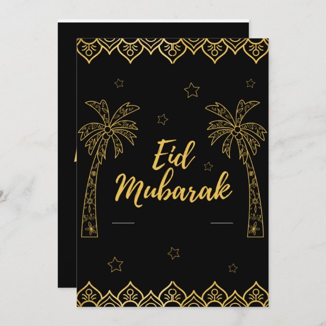 Cartão De Festividades Eid Mubarak Preto e Dourado (Frente/Verso)