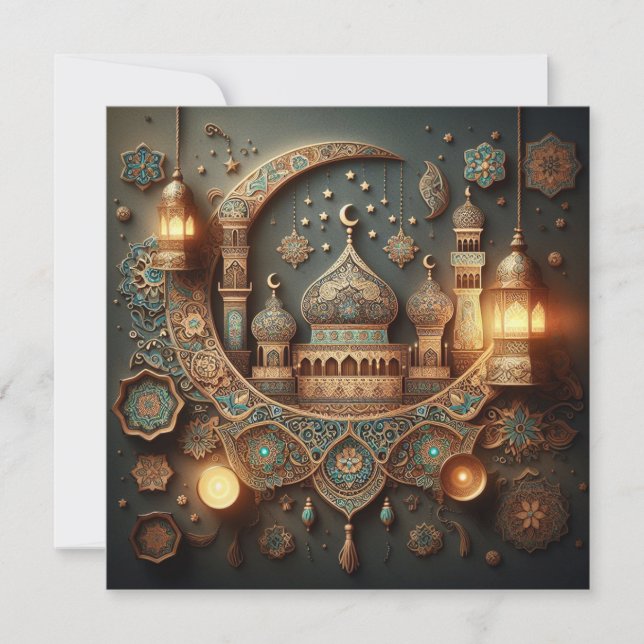Cartão De Festividades Eid Mubarak Ramadan Texto Personalizável de Saudaç (Frente)