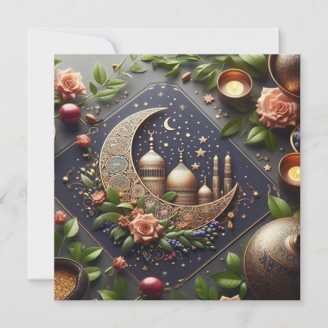 Cartão De Festividades Eid Mubarak Ramadan Texto Personalizável de Saudaç (Frente)