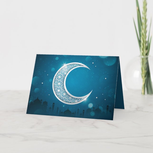 Cartão De Festividades Eid Mubarak Shinnnning Moon Mosque Star White Blue (Frente)