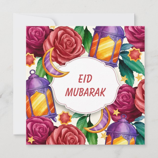 Cartão De Festividades Eid Mubarak Watercolor Floral (Frente)