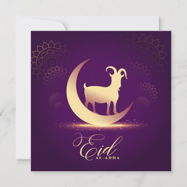 Cartão De Festividades Eid ul Adha Mubarak Crescent Capat Dourado Roxo (Frente)
