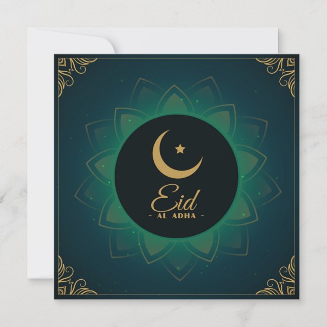 Cartão De Festividades Eid ul Adha Mubarak Crescent Verde Dourado (Frente)