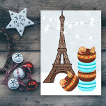 Cartão De Festividades Eiffel Tower and Winter Macaroons Christmas<br><div class="desc">This beautiful holiday Christmas greeting card features the Eiffel Tower with festive Macaroons.  Personalize the inside with a custom greeting!</div>