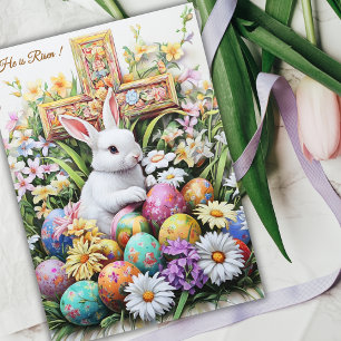 Cartão De Festividades Ele Ressuscitou Coelho Páscoa Religiosa Cruz Flora